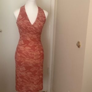 Cocktail Dinner Dress Red Gold Sparkly with Semi Cream Flowers Size S